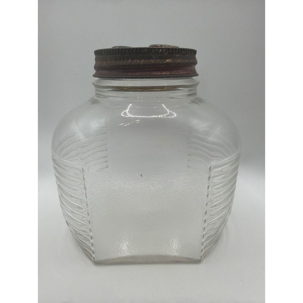 Vintage Ribbed Glass Storage Jar with Rustic Metal Lid Square Beehive Canister